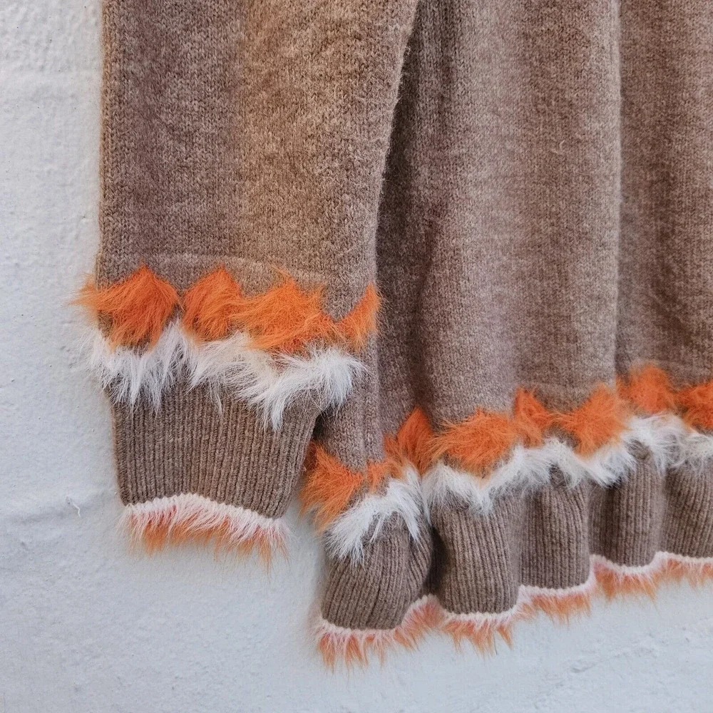 Andrew Marc Sweater XL Tan Orange‎ Fair Isle Eyelash Fringe Fuzzy Artsy Retro
